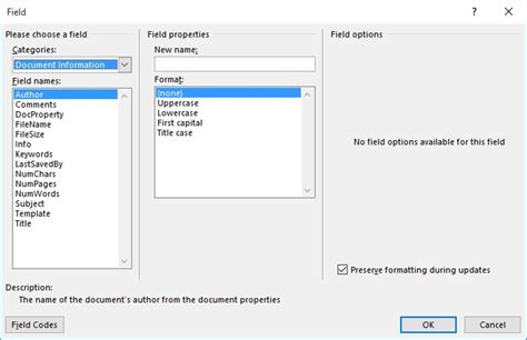 Press the Tab key and type the text to center. . Use the right arrow key to deselect the document property field